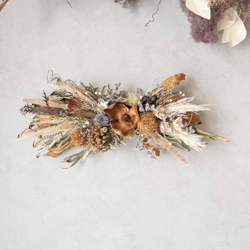 ドライフラワーの壁掛けアレンジメント/横長スワッグ/横向きスワッグ