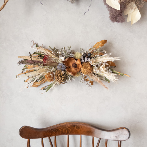 壁掛けスワッグ  フラワーアレンジメント2点 ドライフラワーの壁掛けアレンジメント/横長スワッグ/横向き