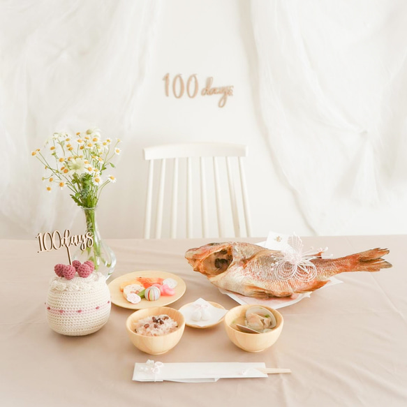 木製［送料込］ケーキトッパー 100days お食い初め 100日祝い 誕生日 飾り 祝百日 ピック pick［Q］ 4枚目の画像