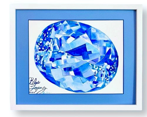 宝石の絵 ブルートパーズ 宝石 水彩画 原画 宝石アート インテリア