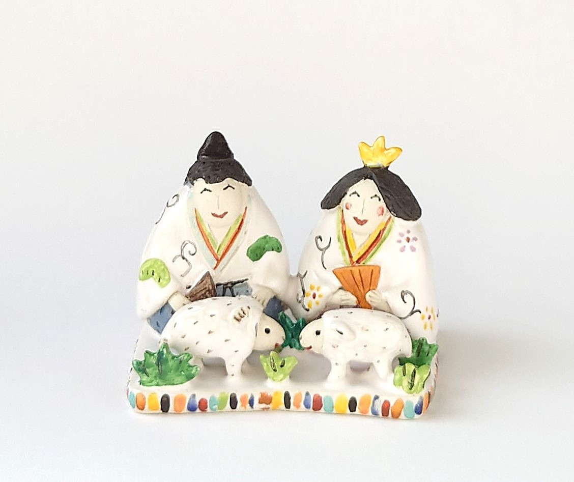 干支とお雛様のコラボです♪　　ミニ干支(サル）お雛様　置物　陶器