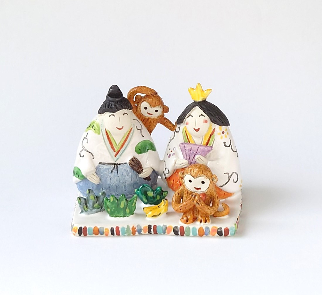 干支とお雛様のコラボです♪　　ミニ干支(サル）お雛様　置物　陶器