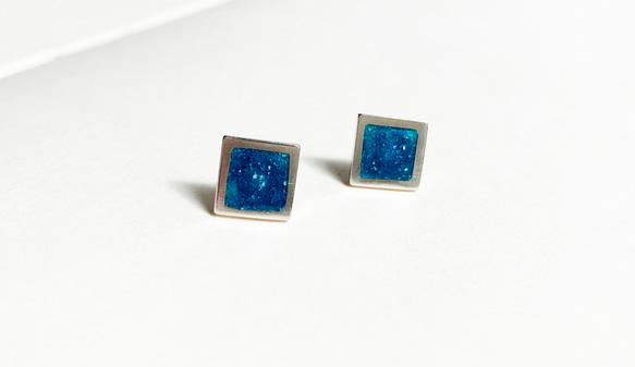 純銀方形珐瑯耳環-雪花藍-一對 第2張的照片