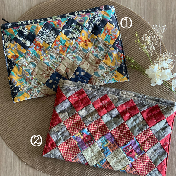 新色追加ஐ贈り物にも♡パッチワークキルトポーチ【Hyakumanen Bag】スクエアステッチ 5枚目の画像