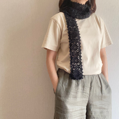 日焼け対策‼︎ 上品な手編みレース　マフラー UVカット加工》手編み クロッシェレース ストール♦︎ブラック