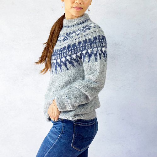 完売】ふわふわアルパカ・ノルディック柄ニット（N-430075-グレー