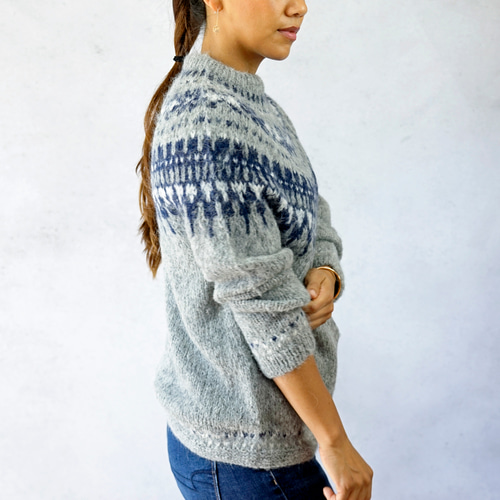 完売】ふわふわアルパカ・ノルディック柄ニット（N-430075-グレー