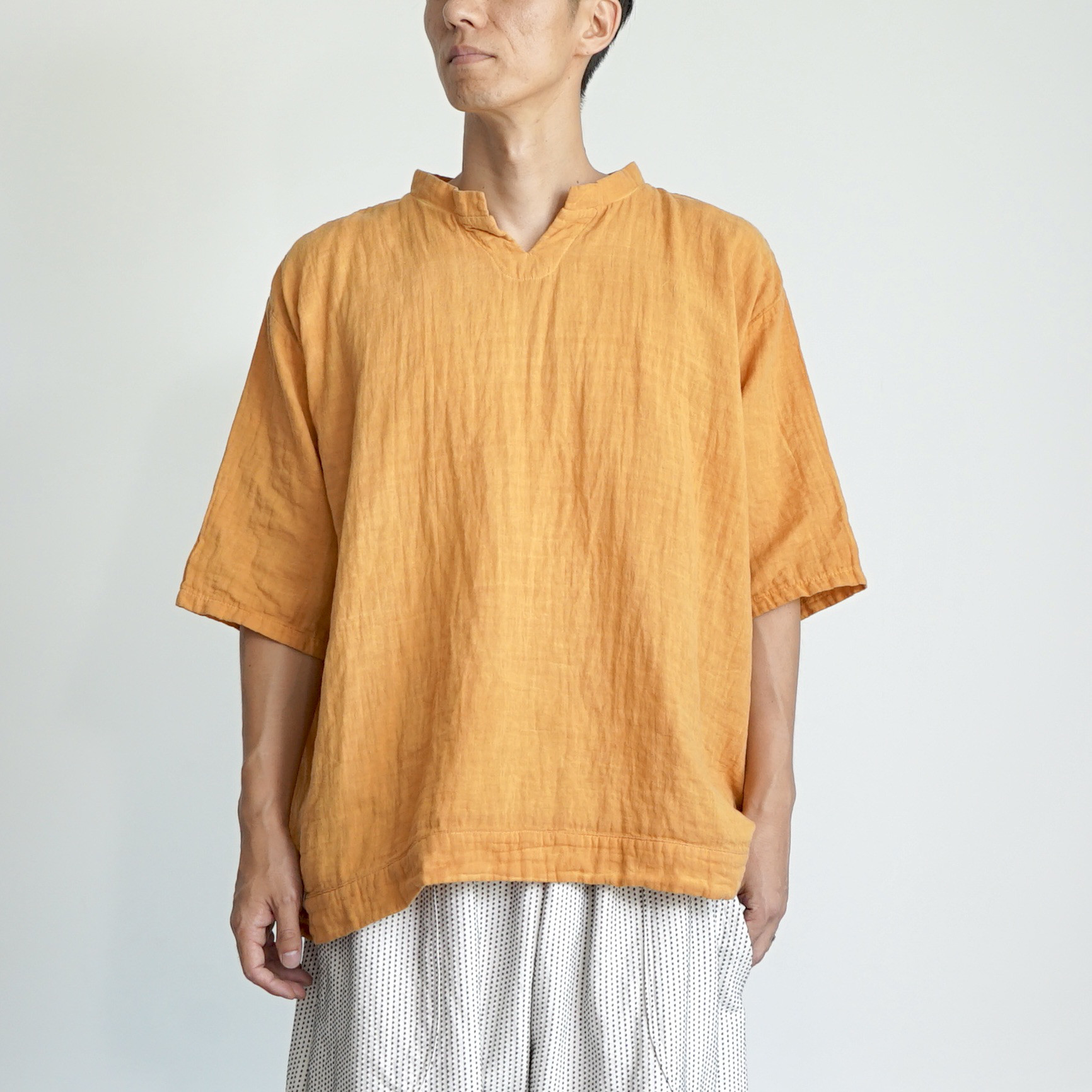 キーネックガーゼTシャツ/オレンジ/知多木綿 ダブルガーゼ