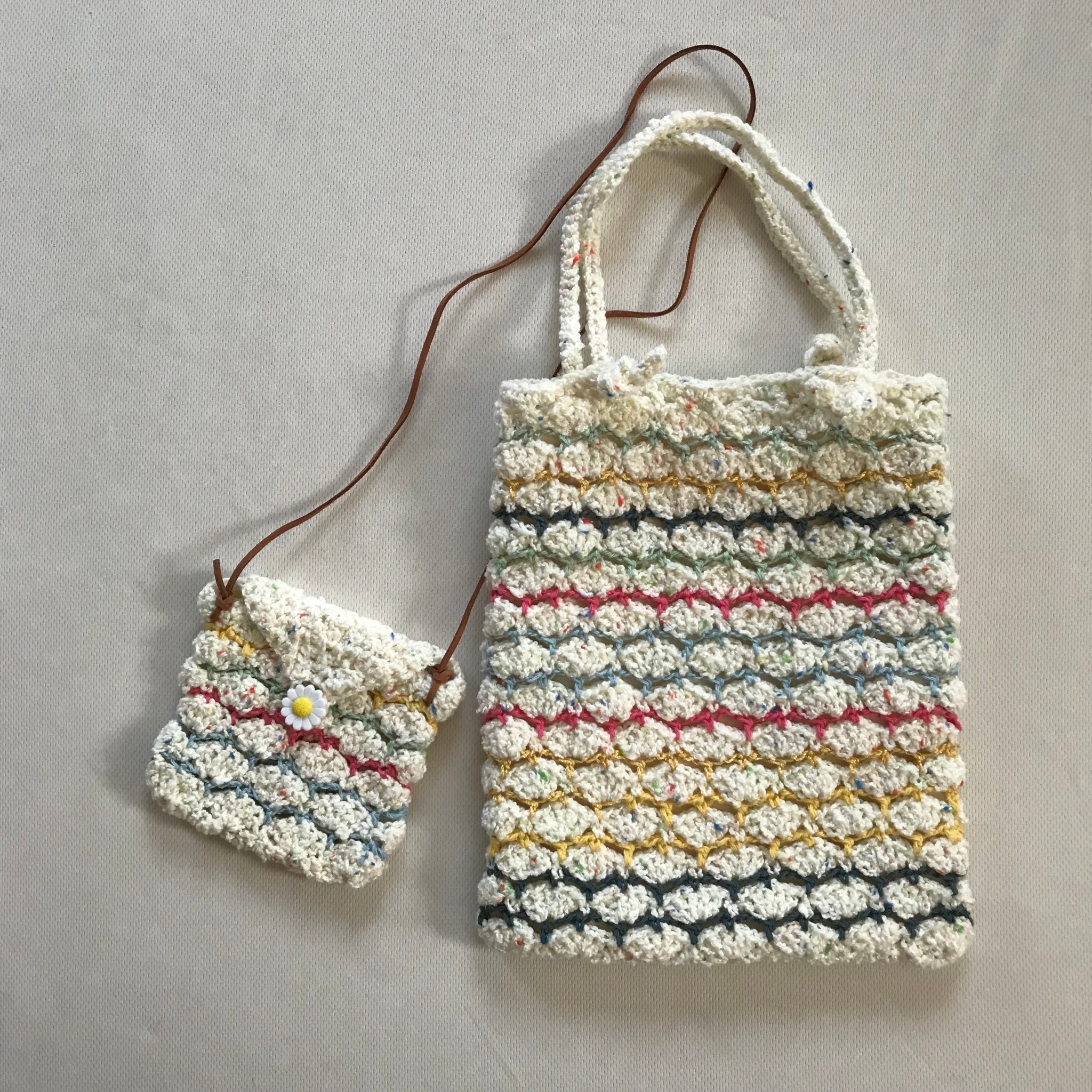 【2点セット】コットン糸　シェル編み（松編み）のトートバッグとミニポシェット