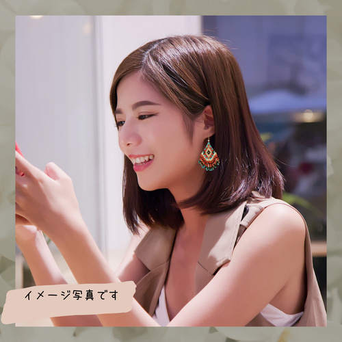 ☆フリンジフープ☆赤レンガとターコイズの個性的オルテガビーズ