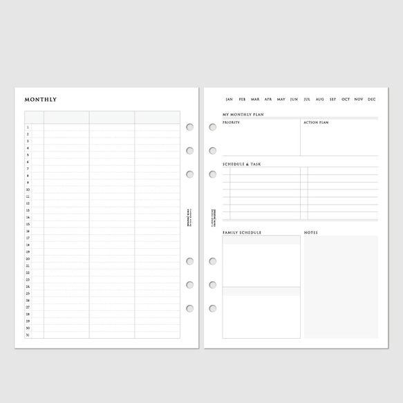 A5サイズ・システム手帳リフィル／家族の予定も一緒に管理できるマンスリー（３人家族用）【CBA5_ML03-3】 2枚目の画像
