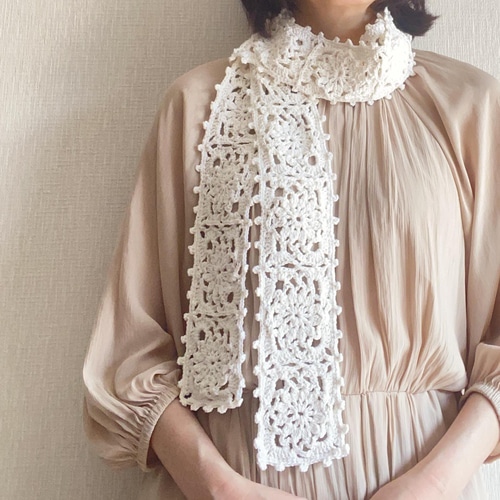UVカット加工》手編み クロッシェレース＊ストール♢アイボリー