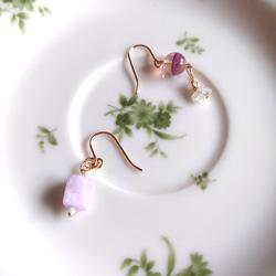 ことり♡.* 14kgfモスアゲートフラワーカービング・フローライトピアス ことり♡.* 14kgfモスアゲートフラワーカービング・フローライト
