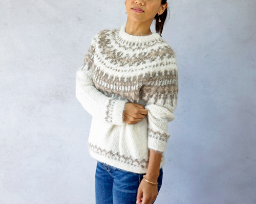 完売】アルパカ・ノルディック柄ふわふわニット（N-430075-ホワイト