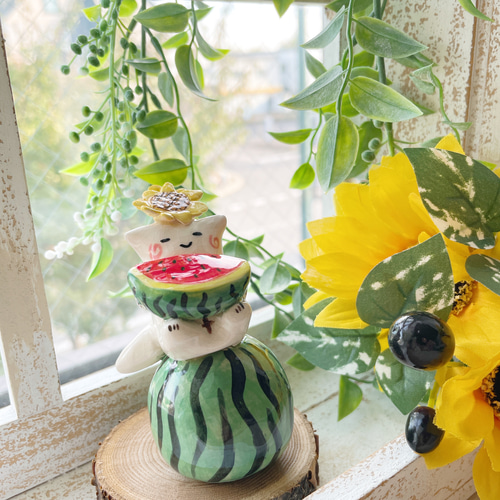 ぴーすこ君 陶人形 スイカ / 恐竜 すいか ヒマワリ 夏 その他置物 waco