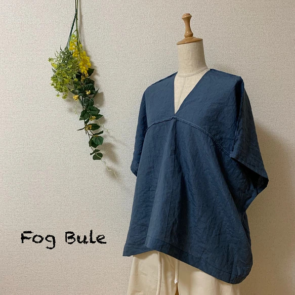 カフタンブラウス　麻 (リネン) 100%　— Fog Blue — 15枚目の画像