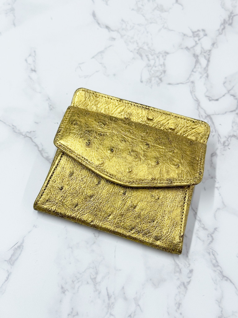 日本製　上質　クライン・カルー　オーストリッチ　縁起　薄型　財布　コンパクトウォレット　ゴールド　エキゾチックレザー