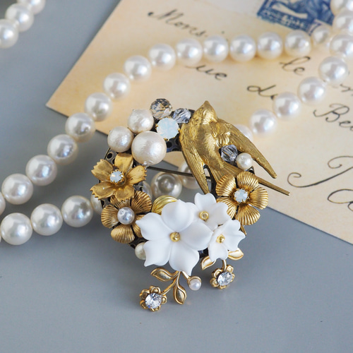 アンティークツバメのブローチ フランスアンティーク Blueエナメル／ペースト／ツバメのブローチ（65