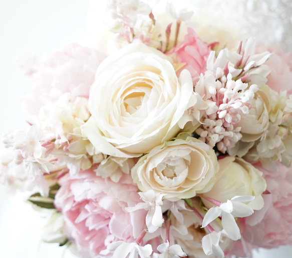 【送料無料】芍薬とバラ、ライラック、ジャスミンのウェディングブーケ&ブートニア　ホワイト・ピンク　造花ブーケ 7枚目の画像