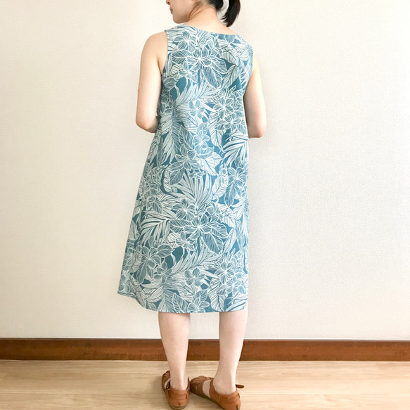 Plumeria 喇叭形連衣裙 [S ~ 3L] Teal x Light blue 第13張的照片