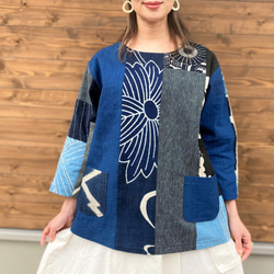 [舊佈安排女襯衣]Fukue Takagi original 100%棉布夫人 50 年代 60 年代 70 年代女士藍染條紋 第1張的照片