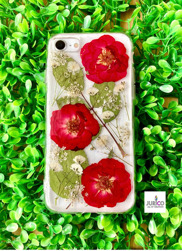 赤い薔薇とかすみ草の押し花スマホケース　全機種対応/iphone/GALAXY/AQUOS/xperia/pixel 2枚目の画像