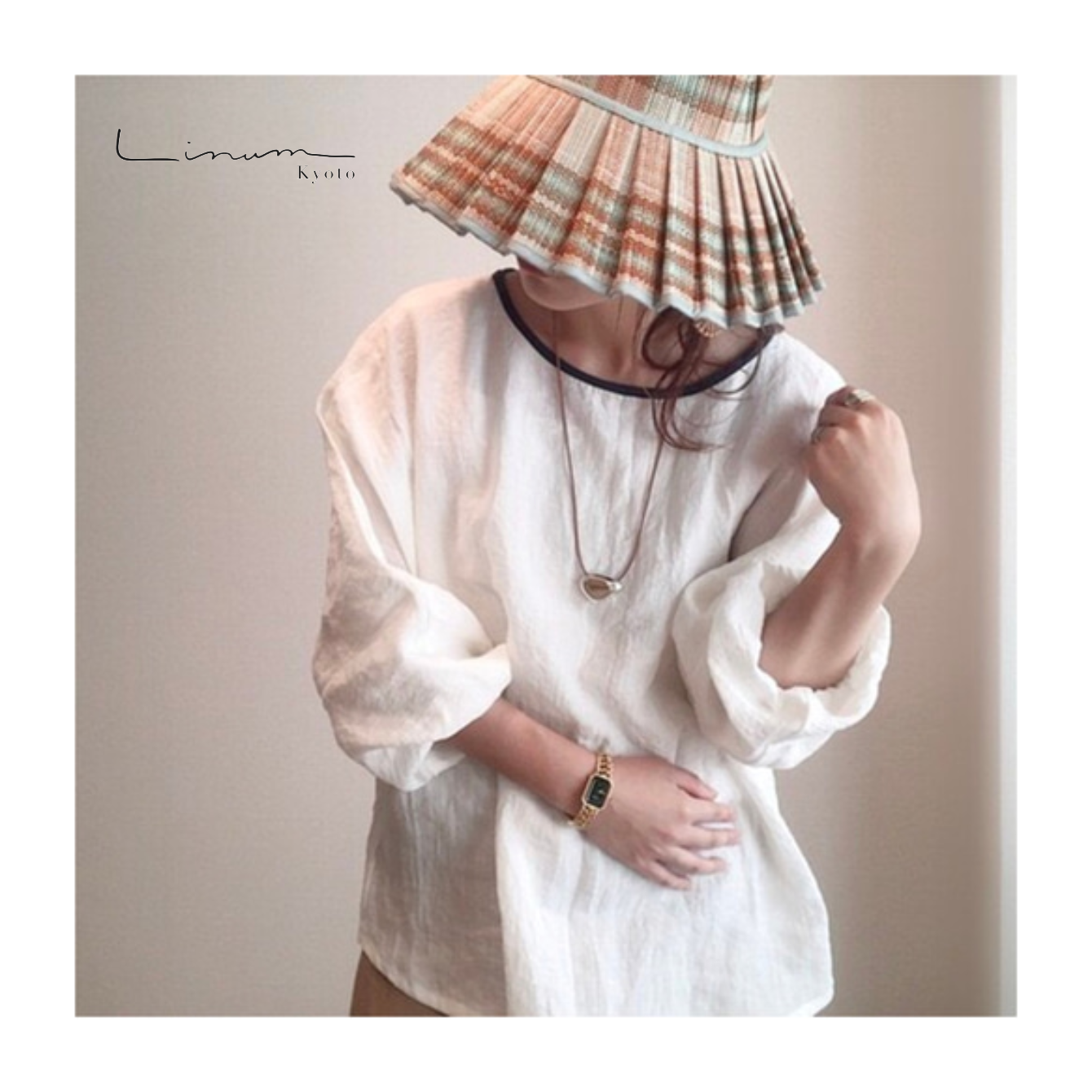 リネンブラウス／くったり柔らかベルギーリネン100% ドルマン袖バックリボンブラウス　オフホワイト　バイカラー 12,948円