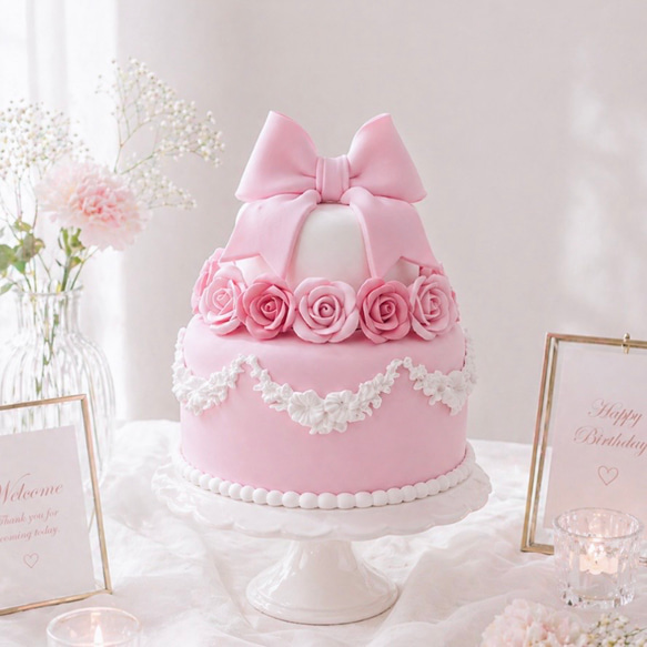 フェミニン可愛い♡ ロマンティックローズとリボンのクレイケーキ
