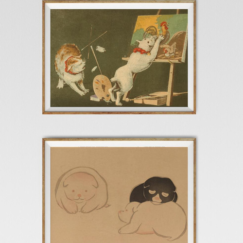 NO.179】猫と鶏の日本画アートポスター☆お正月☆動物浮世絵和室