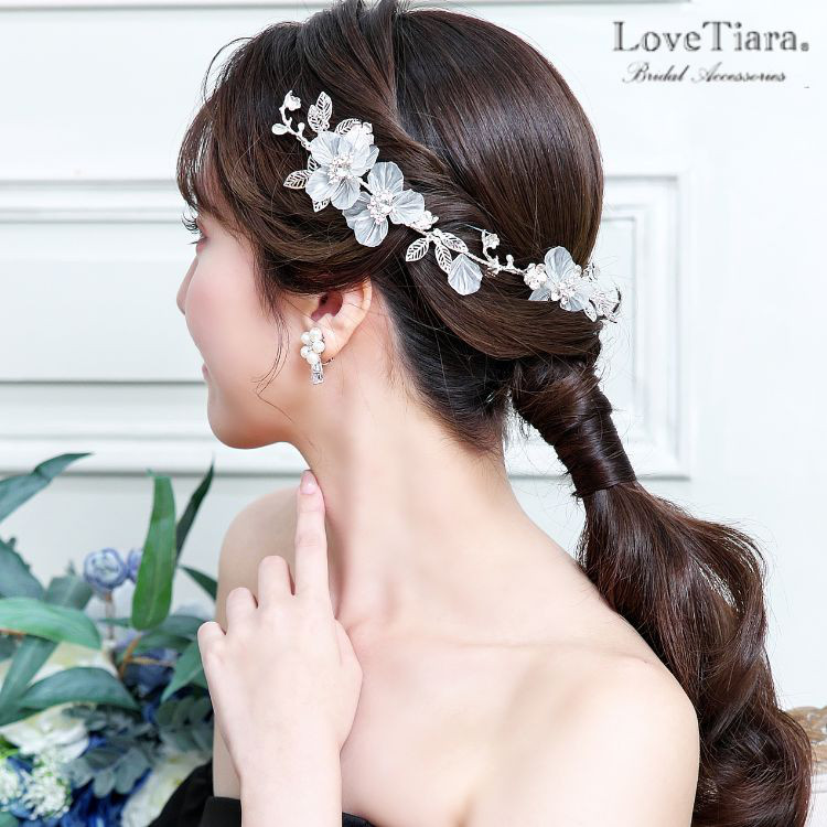 ヘッドドレス【ビアンカ】H-151|小枝 リーフ ヘアアクセ ウエディング 結婚式 フラワー 長い 花 ナチュラル 上品