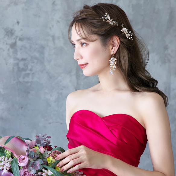 イネスイヤリング/ピアスTE-09|小枝 リーフ 花 フラワー 結婚式 ウエディング 大ぶり パーティー 披露宴 花嫁 9枚目の画像