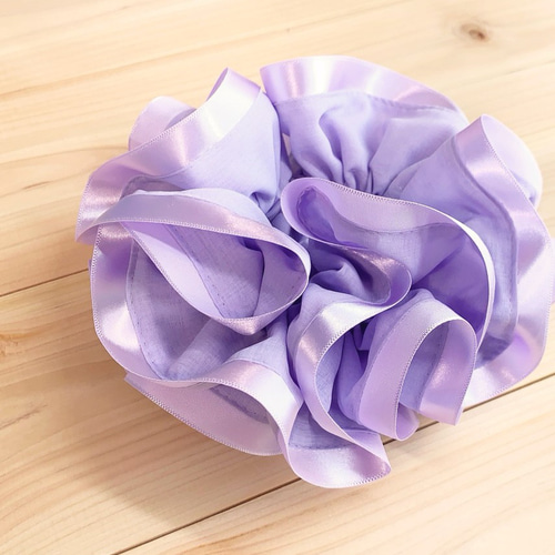 紫チェックのリボンシュシュ ゴム入れ替え可能