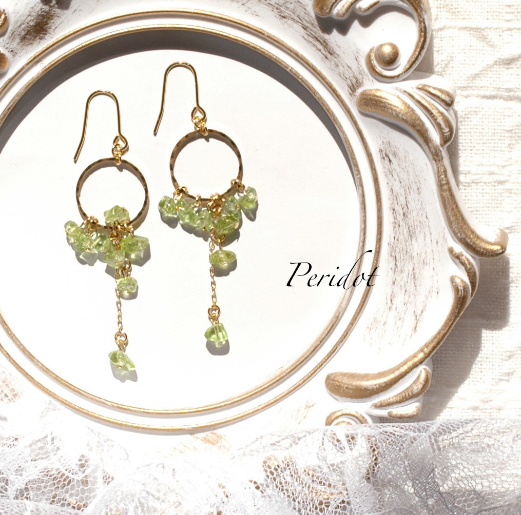 大粒　天然石ペリドットリング＆ピアス14K