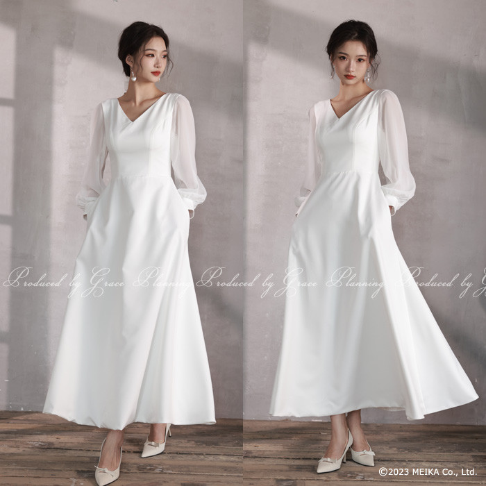 再販ウェディングドレス 長袖 結婚式  前撮りスレンダードレスSMLL3L4L ファスナー 大きいサイズあり 7003