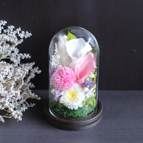 大切な方に贈る仏花】カラーとピンポンマム(菊)＊木製台ガラスドーム