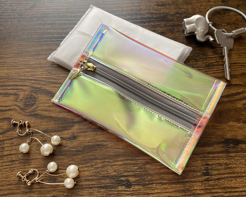 ファスナー付きポケットティッシュケース【オーロラカラー×グレー】PVC