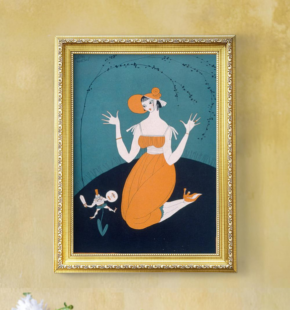 アンティーク ポスター 絵画 大きいサイズ （C） NO.181】人形とレトロなオレンジワンピースイラストポスター