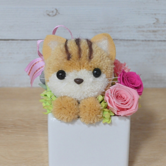 もこペット【猫・茶】プリザーブドフラワー アレンジメント ねこ 花 ペット 母の日 誕生日 お供え 8枚目の画像
