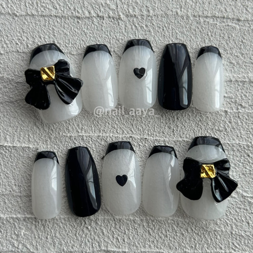 ネイルチップ量産型ブラックフレンチリボンキルティングオーダー黒