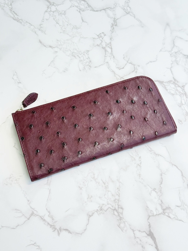 日本製　オーストリッチ　スリム　薄型　長財布　ロングウォレット　L型ファスナー　エキゾチックレザー