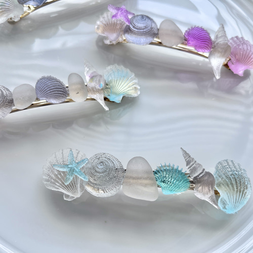 再販♡新色４色追加♡シーグラスと海の貝殻のレジンのヘアバレッタ