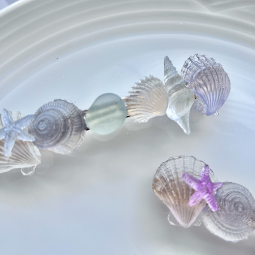 再販♡新色４色追加♡シーグラスと海の貝殻のレジンのヘアバレッタ 