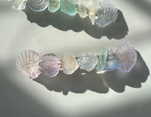 再販♡新色４色追加♡シーグラスと海の貝殻のレジンのヘアバレッタ♡大きめサイズ♡パステルピンク水色ブルー 4枚目の画像