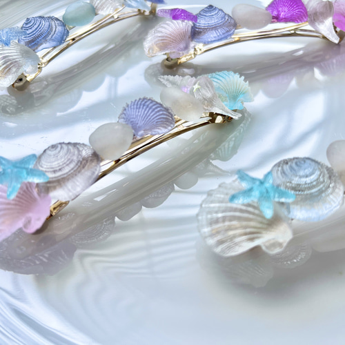 再販♡新色４色追加♡シーグラスと海の貝殻のレジンのヘアバレッタ