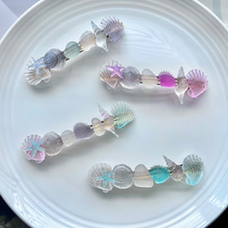 バレッタ　レジン　7.2cm長方形　かすみ草 大人可愛いプリンセスカラー 再販♡新色4色追加♡シーグラスと海の貝殻のレジンのヘア
