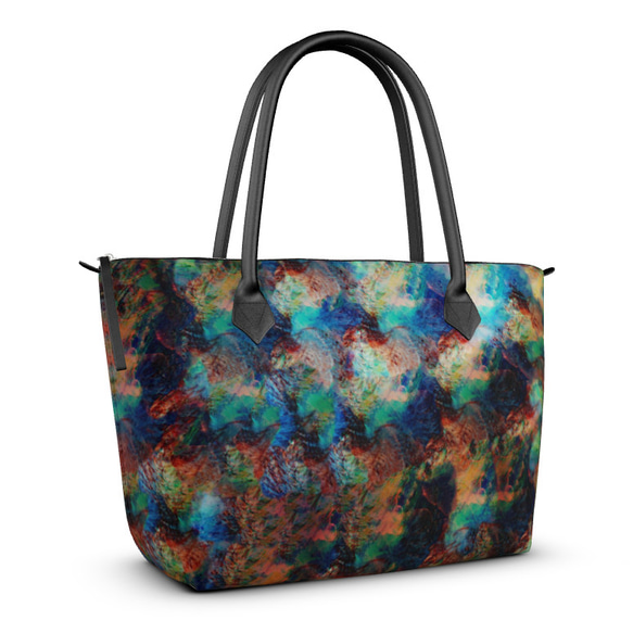 きらびやかで色鮮やかなアバロン貝のように光る神秘的な海中 ファスナー付き 本革トートバッグ 1枚目の画像