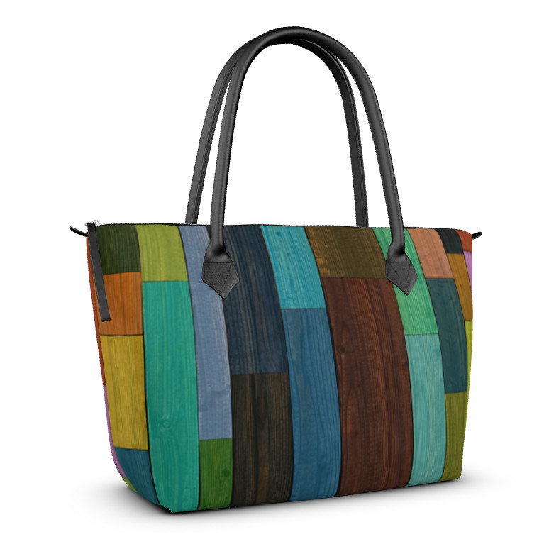 カラフルで色鮮やかな木目調 ファスナー付き トートバッグ