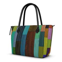 カラフルで色鮮やかな木目調 ファスナー付き 本革トートバッグ 2枚目の画像