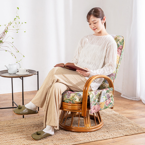 天然籐リクライニングハイバック回転座椅子 アームレスト付き サイド