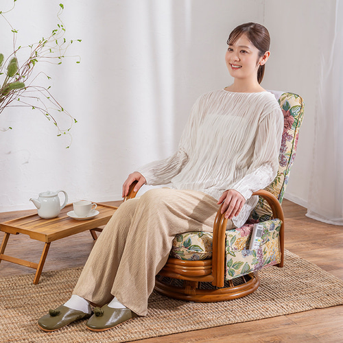 天然籐リクライニングハイバック回転座椅子 アームレスト付き サイド